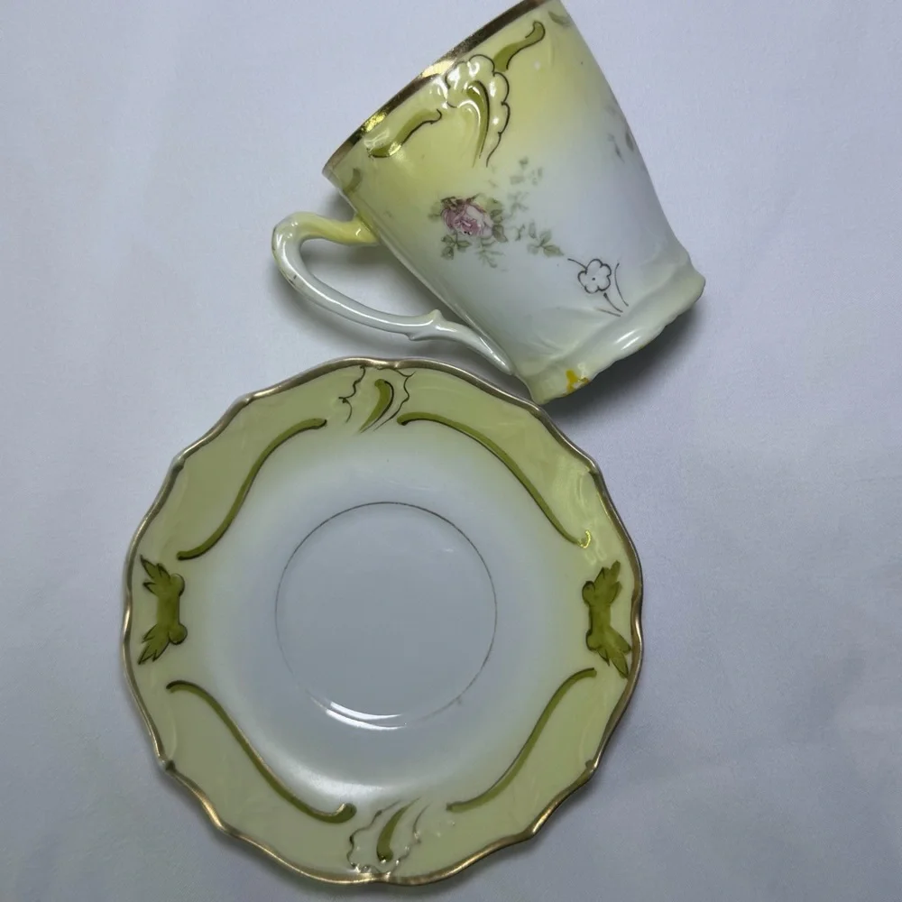 Antique Porcelain Prussia Style Hand-Painted Yellow & Green Rose Teacup & Saucer